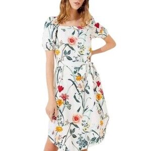 Loft Size 18 Linen Blend Puff Sleeve Dress NWT Tie Waist Resort Cruise Tropical